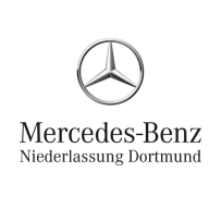 Das Mercedes-Benz-Logo über dem Text "Mercedes-Benz Niederlassung Dortmund" in schwarz.