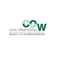 Logo des Druck- und Medienzentrum mit grünen Buchstaben 'cow' und schwarzem Text darunter