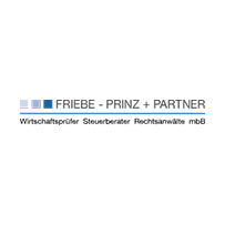 Logodesign mit blauen und schwarzen Balken, darunter der Schriftzug "FRIEBE - PRINZ + PARTNER" und ein Untertitel "Wirtschaftsprüfer Steuerberater Rechtsanwälte mbB".