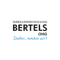 Logo der Gebäudereinigung Bertels OHG mit dem Slogan 'Sauber, machen wir!' in schwarzer und blauer Schrift auf weißem Hintergrund.