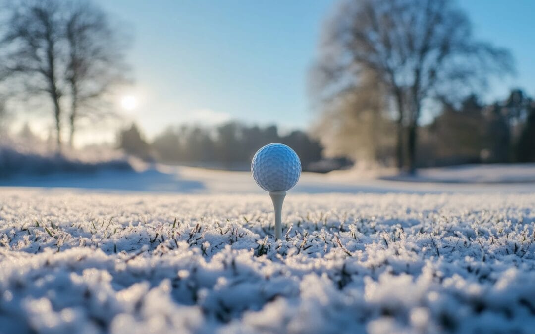 Golfball auf einem Tee in schneebedecktem Gelände bei Sonnenaufgang, mit Bäumen im Hintergrund und blauem Himmel.