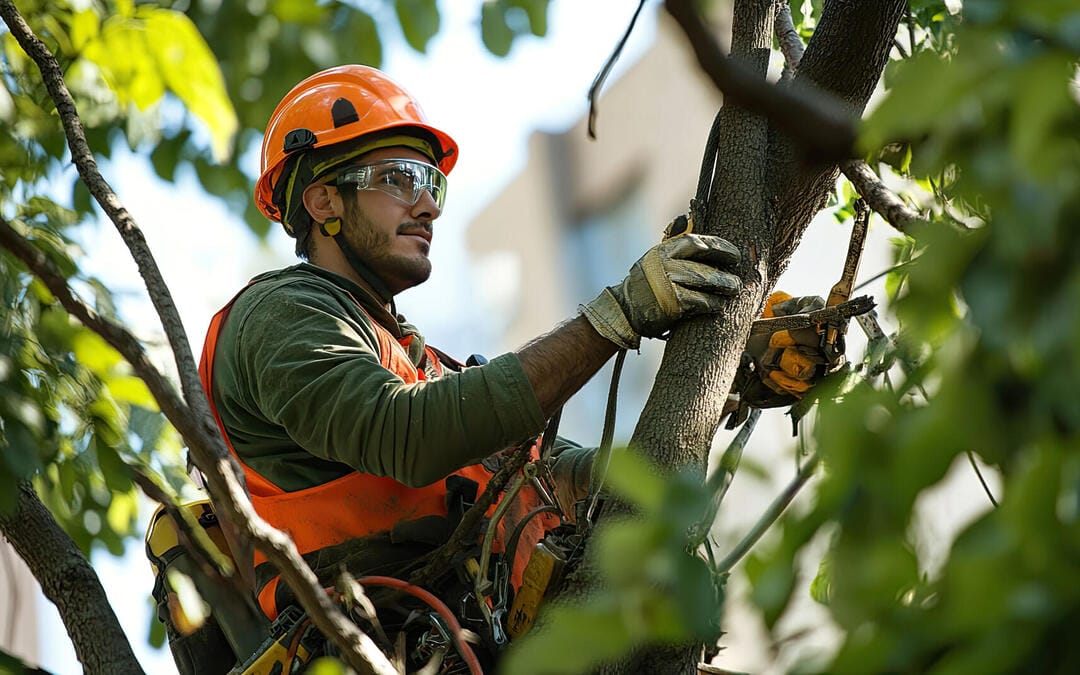 Ein Baumkletterer trägt einen orangefarbenen Helm, Schutzbrille und Arbeitskleidung, während er in einem Baum arbeitet und gesichert ist.
