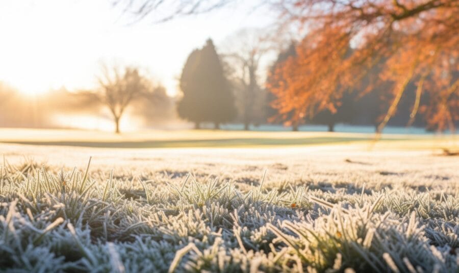 Frosty grass lawn at golf course in winter morning Früher Morgen in einem parkähnlichen Gebiet mit Frost bedecktem Gras im Vordergrund und Bäumen mit orangefarbenen Blättern im Hintergrund, Sonnenlicht scheint durch die Bäume.