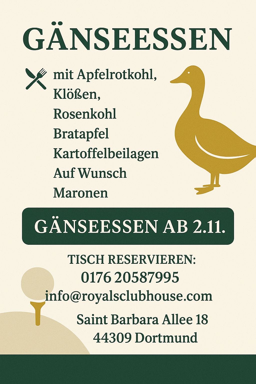 Grafik mit einem goldfarbenen Gänse-Illustration und Text in deutscher Sprache, der ein Gänseessen ab dem 2. November anzeigt, inklusive Menü und Reservierungsinformationen.