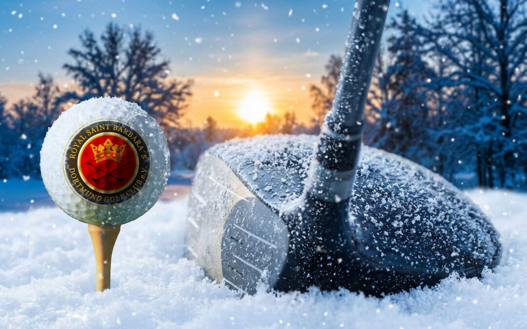 Ein Golfball mit einem Emblem des Royal Saint Barbara Dorthmund Golf Club, der im Schnee steckt, neben einem Golfschläger, umgeben von schneebedeckten Bäumen bei Sonnenaufgang im Winter.