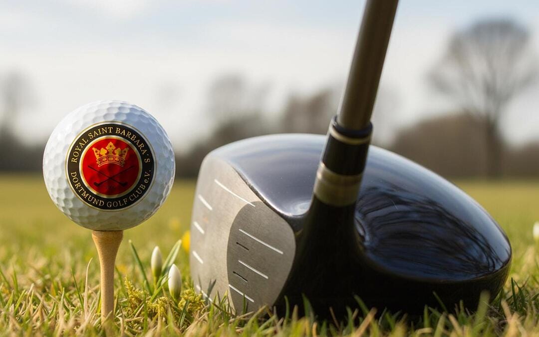 Ein Golfball mit dem Logo des Borussia Dortmund Golf Clubs steht auf einem kleinen Ständer neben einem Clubkopf auf einem Golfplatz.