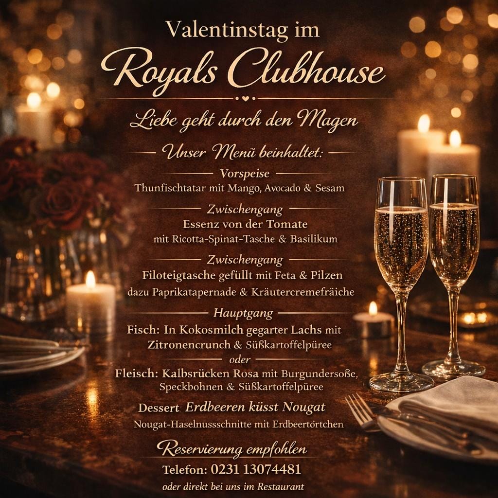 Valentinstag im Royals Clubhouse, Liebe geht durch den Magen, Menü mit Vorspeise, Zwischengängen, Hauptgang, Dessert und Reservierung.