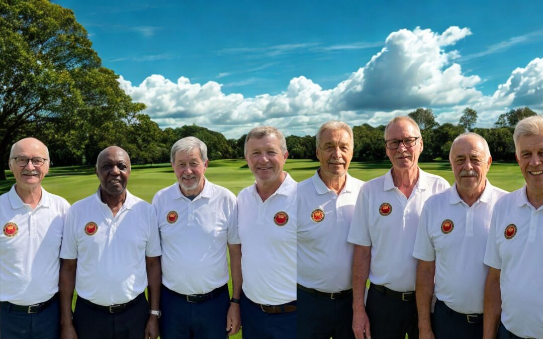 Elf ältere Männer stehen nebeneinander im Freien auf einer Wiese mit Bäumen und einem blauen Himmel mit Wolken, alle tragen weiße Poloshirts mit einem runden roten Abzeichen auf der linken Seite.