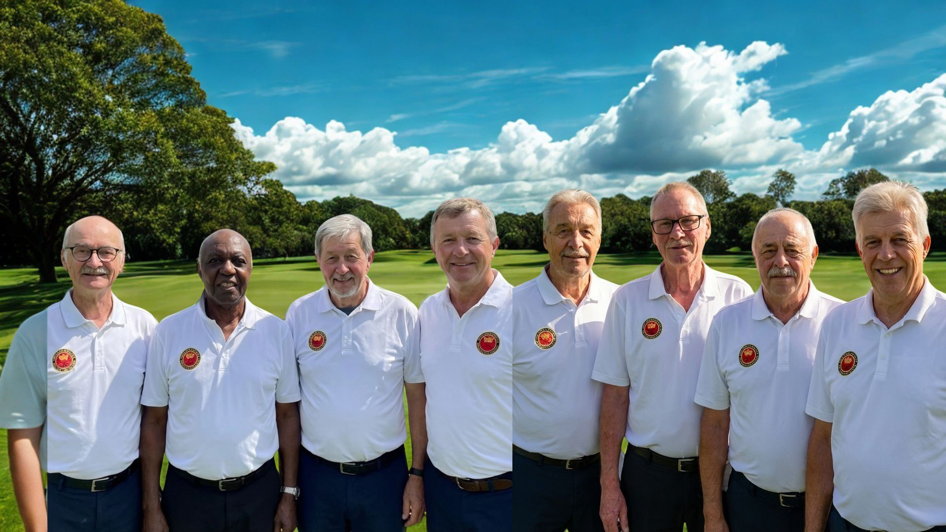 Elf ältere Männer stehen nebeneinander im Freien auf einer Wiese mit Bäumen und einem blauen Himmel mit Wolken, alle tragen weiße Poloshirts mit einem runden roten Abzeichen auf der linken Seite.