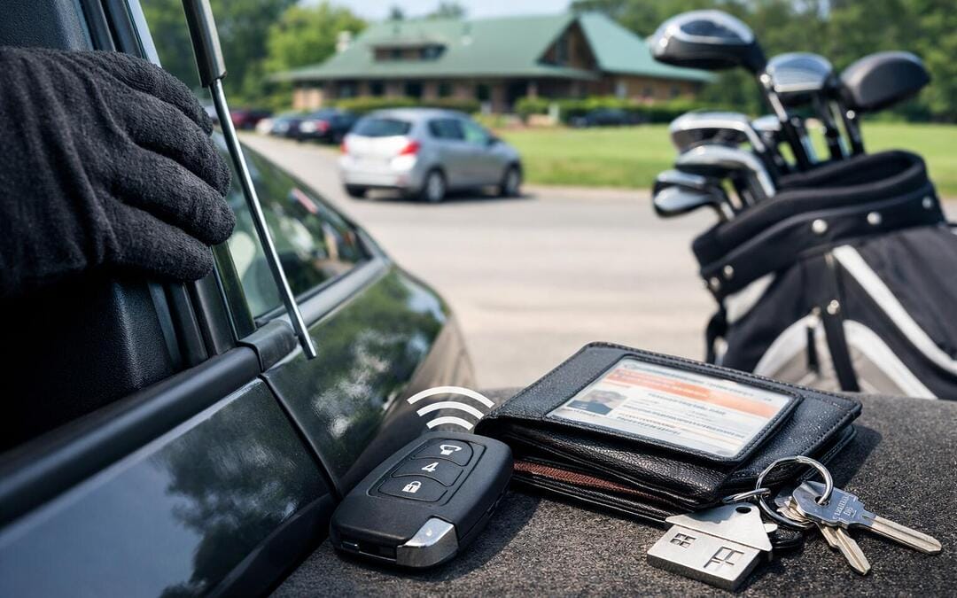 Ein Autoschlüssel, eine Brieftasche mit einer Lesefläche, ein Schlüsselbund mit Haus- und Autoschlüssel, eine Smartphone-Hülle, eine Golf-Tasche mit Clubs, ein Auto, eine Tasche, ein Haus und ein Gebäude im Hintergrund.