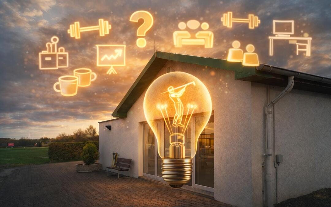 Eine Hauswand mit einer leuchtenden Glühbirne und einer Person, die Golf spielt, sowie verschiedene Symbole zu Energie, Arbeit und Freizeit über dem Haus.