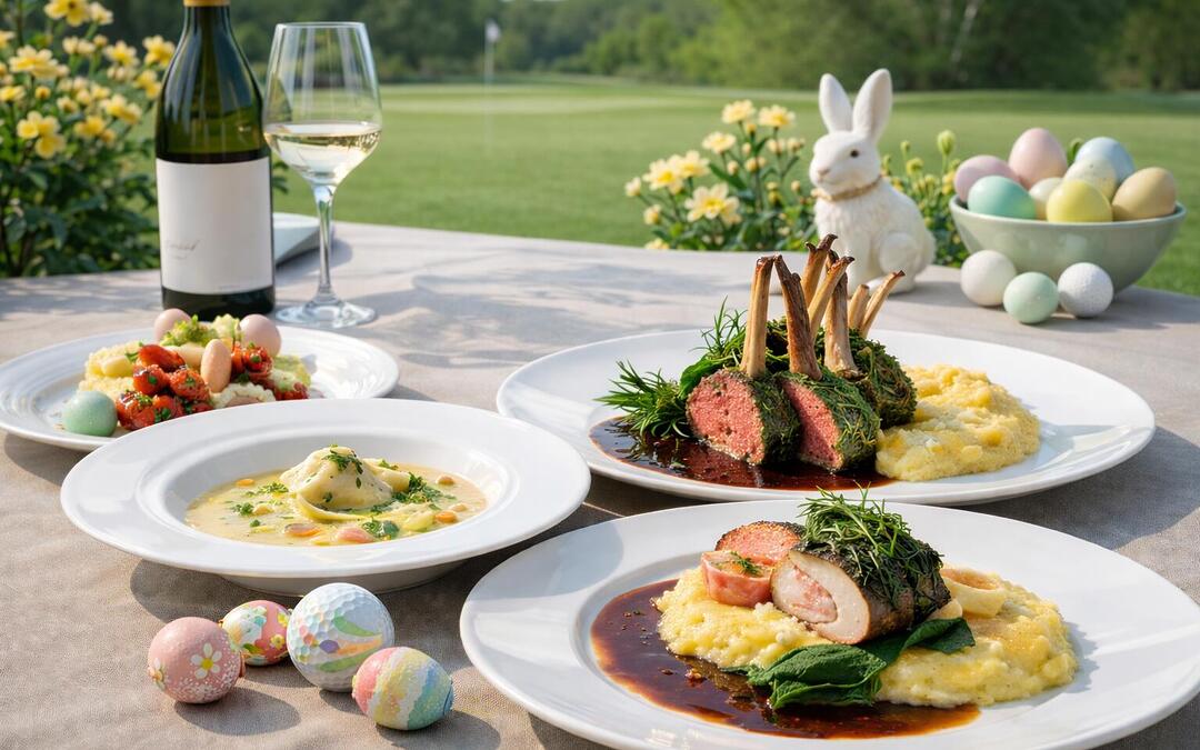 Ein Osterfestessen im Freien mit Lammkeule, zwei weitere Fleischgerichte, Kartoffelpüree, einem bunten Salat, Wein, Osterdekoration und bunten Eiern auf einem Tisch.