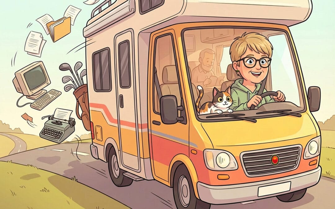 Eine Wohnmobilfahrt auf einer Landstraße mit einer Frau, die am Steuer sitzt und eine Katze auf dem Arm hat, während im Hintergrund ein Mann durch das Fenster schaut, während verschiedene Bürogeräte wie Computer, Drucker und Bücher aus dem Wohnmobil fliegen.